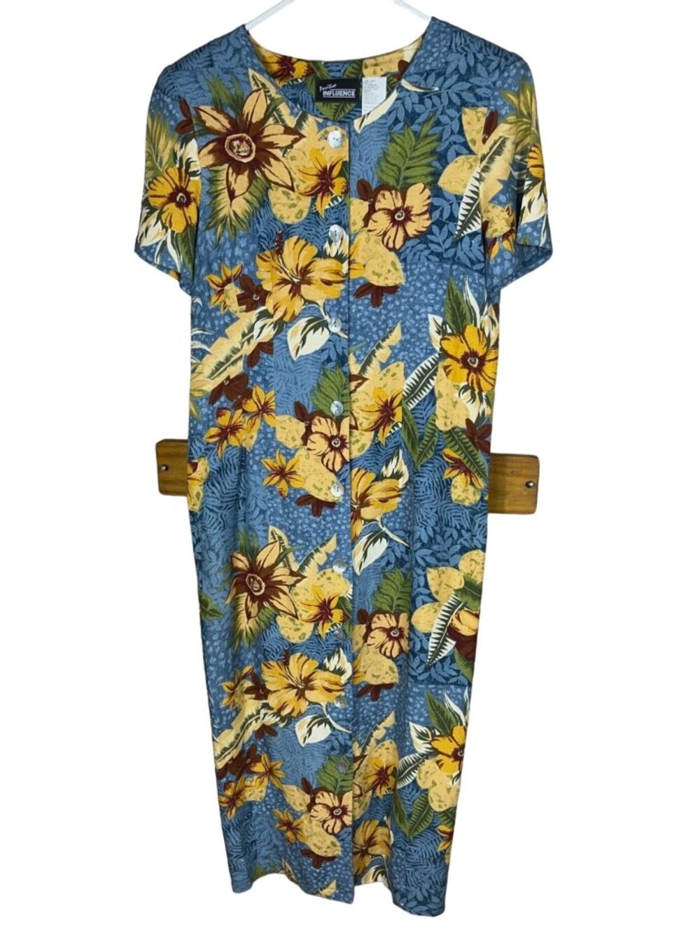 Vtg 80s Dress Linen Blue Tropical Floral Midi Button Artsy Boho Festival Women 6 - Picture 9 of 11